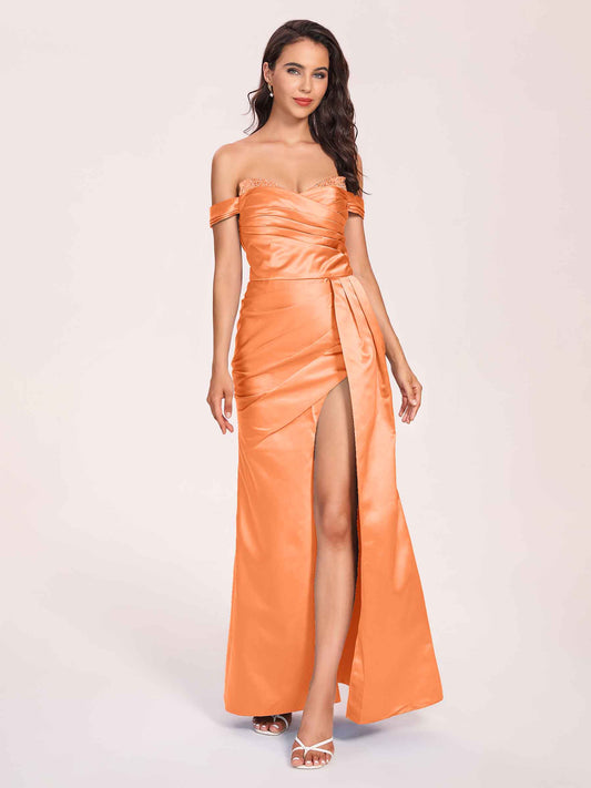 Elegant Satin Off Shoulder Bridesmaid Dresses Side-slit Sweetheart Floor Length Sheath