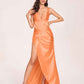 Satin Spaghetti Straps Corset Prom Dresses Pleats Side-Slit Sheath Floor Length