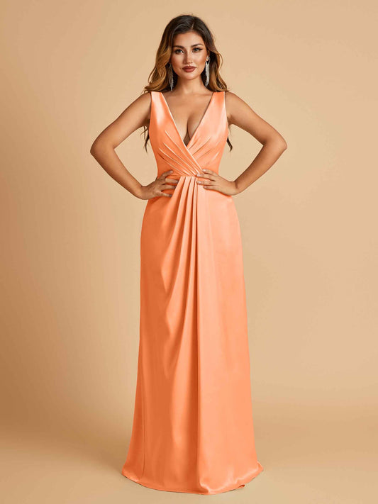 Sexy Satin Deep V-neck Long Prom Dresses A-line Pleats Sleeveless Floor Length