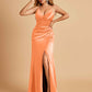 Sexy Satin Sheath Bridesmaid Dresses Spaghetti Straps V-neck Side Slit Pleats Floor Length