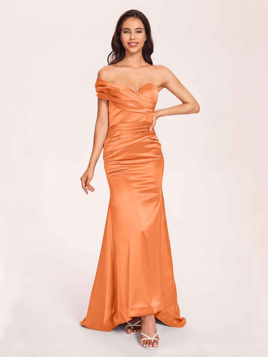 Satin One-shoulder Prom Dresses Pleats Floor Length Mermaid Long