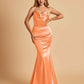Satin Mermaid Open Back Prom Dresses Spaghetti Straps Scoop Floor Length