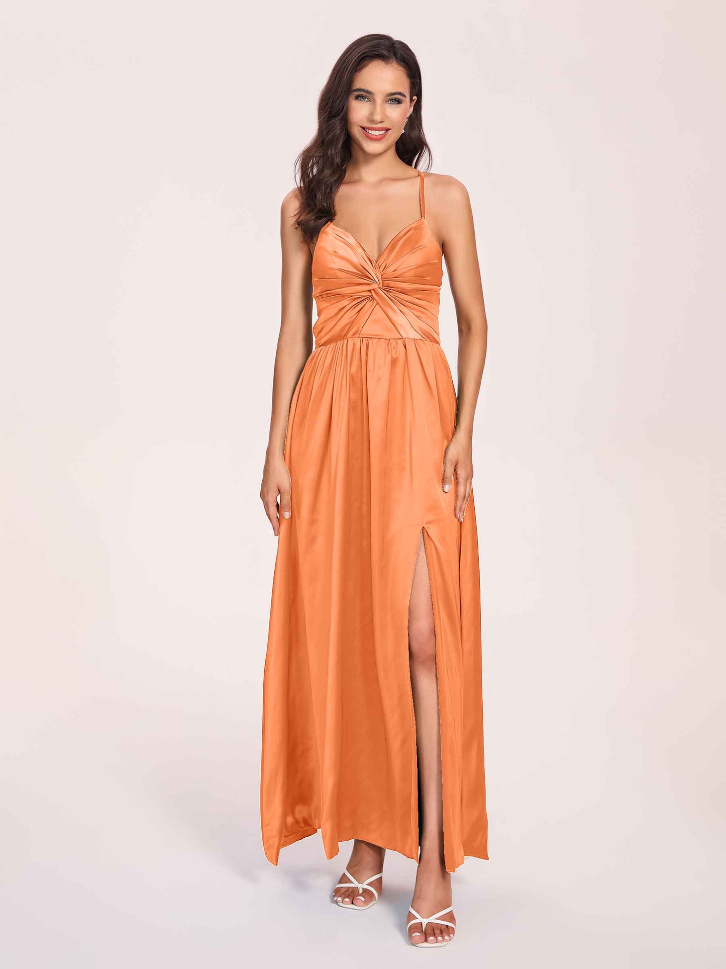 Satin Spaghetti Straps A-line Bridesmaid Dresses Side Slit Floor Length