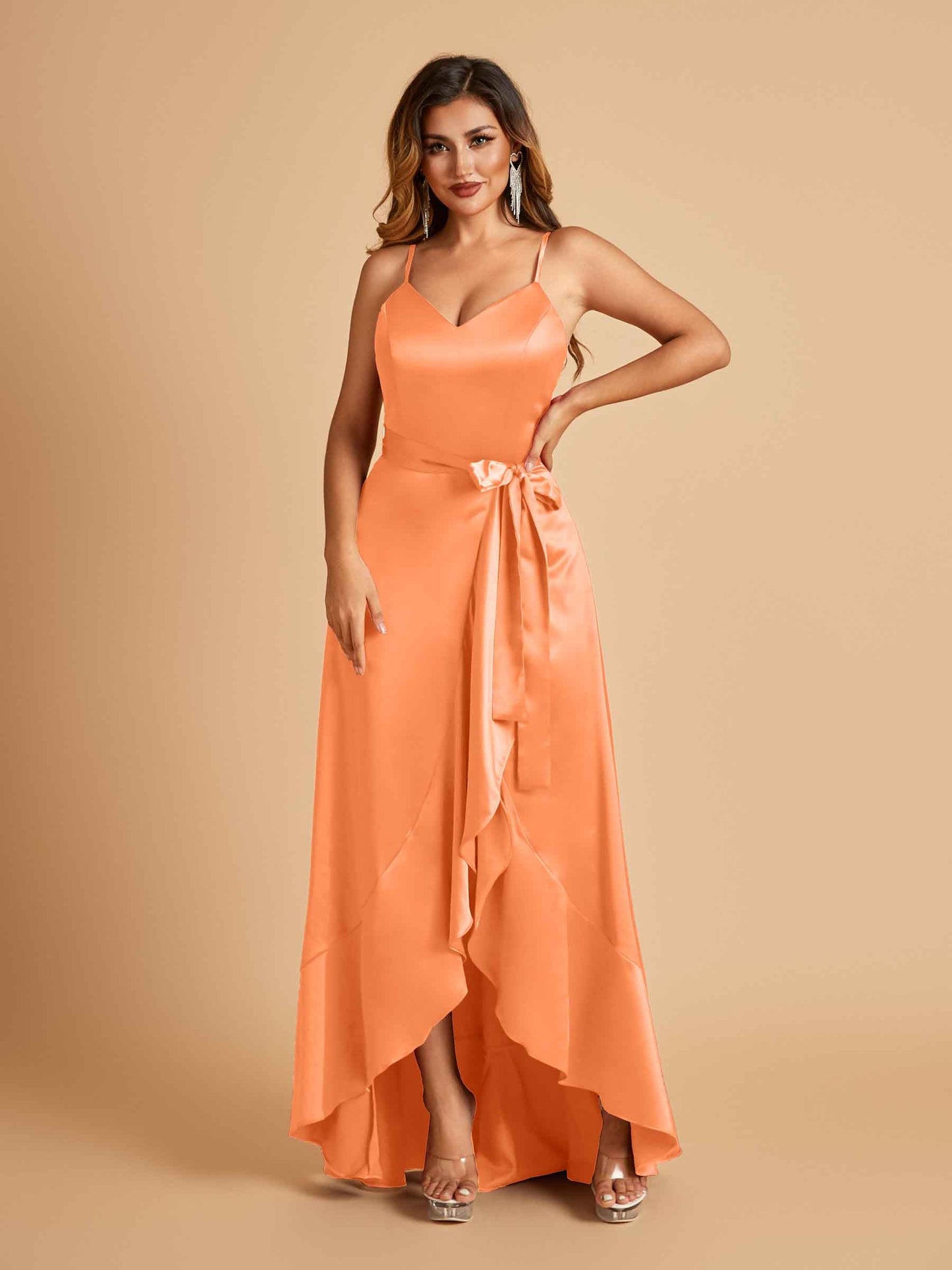 Satin Asymmetric V-neck Prom Dresses Sleeveless Side Slit A-line Unique