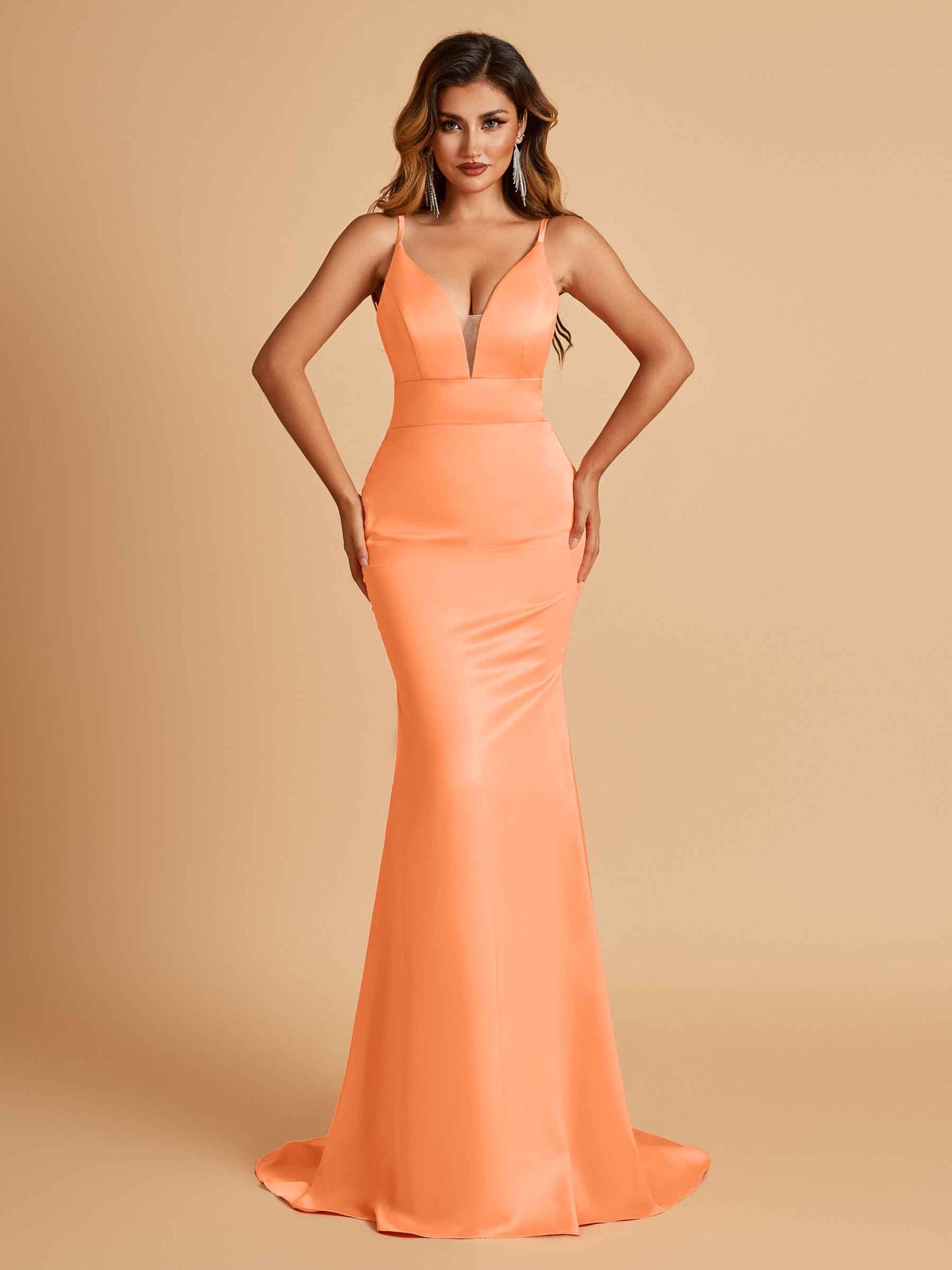 Satin Deep V-neck Mermaid Bridesmaid Dresses Open Back Floor Length