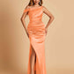 Unique Satin One Shoulder Prom Dresses Side Slit Half Open Back Floor Length