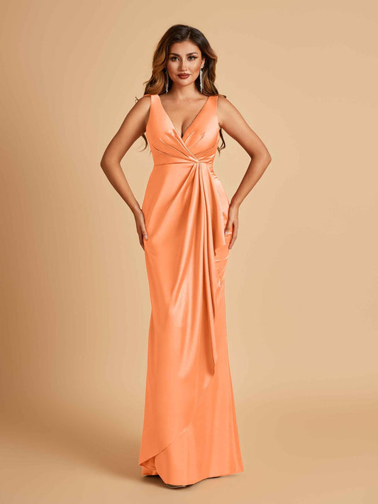 Sexy Satin Sheath V-neck Prom Dresses Strapless Floor Length