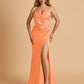 Sexy Satin Sheath Prom Dresses Spaghetti Straps V-neck Side Slit Floor Length