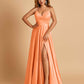 Satin A-line Long Prom Dresses Spaghetti Straps V-neck Side Slit Floor Length