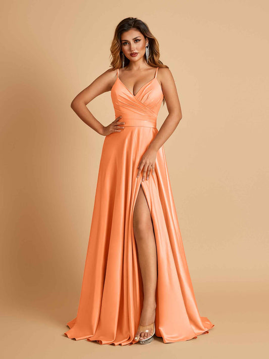 Satin A-line Long Prom Dresses Spaghetti Straps V-neck Side Slit Floor Length