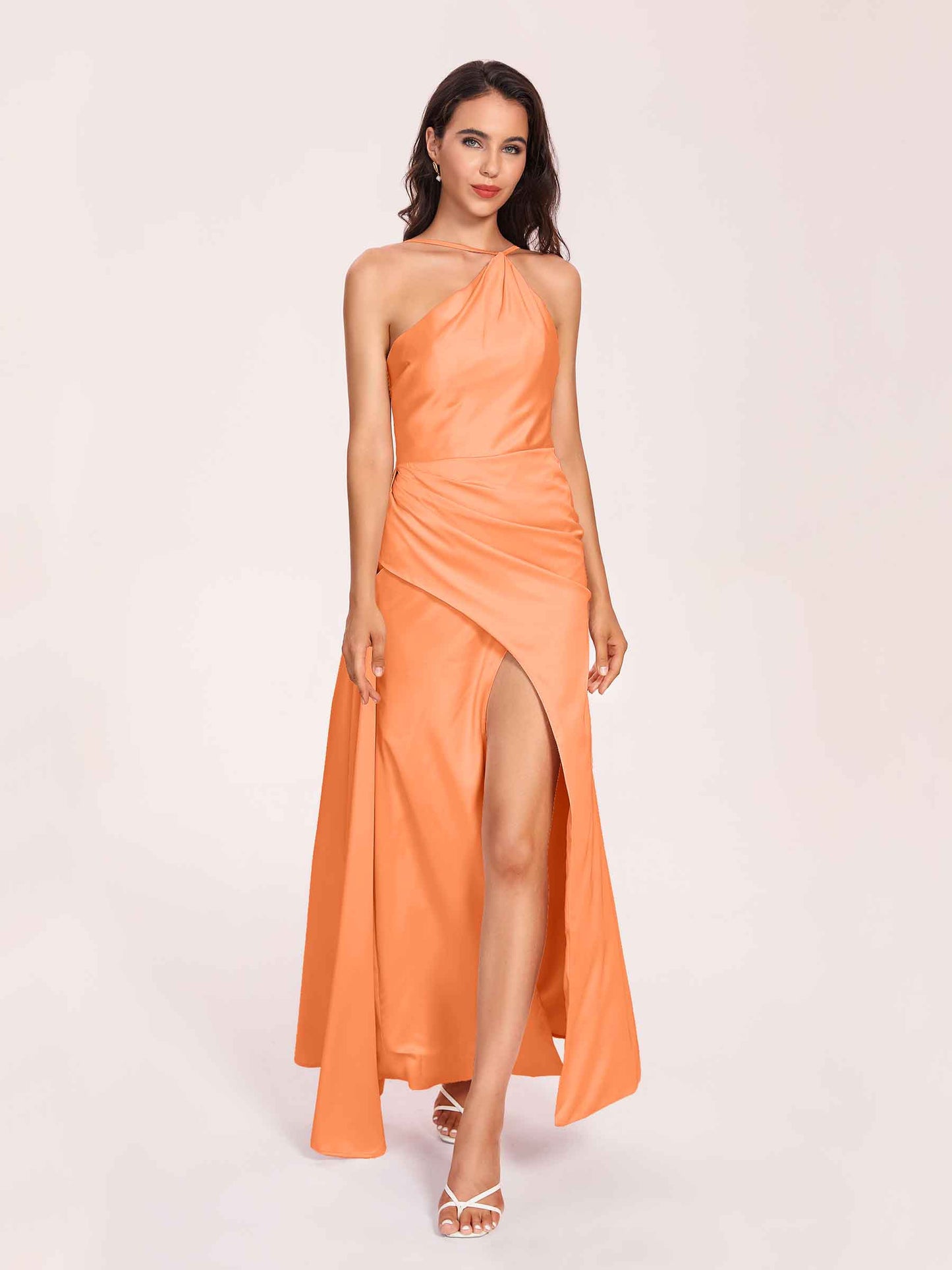 Sexy Satin Halter Strap Sheath Bridesmaid Dresses Side Slit Pleats Floor Length