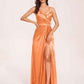 Sexy Satin A-line Prom Dresses Spaghetti Straps Side Slit V-neck Floor Length