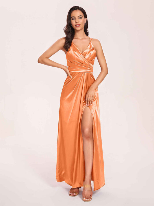 Sexy Satin A-line Prom Dresses Spaghetti Straps Side Slit V-neck Floor Length