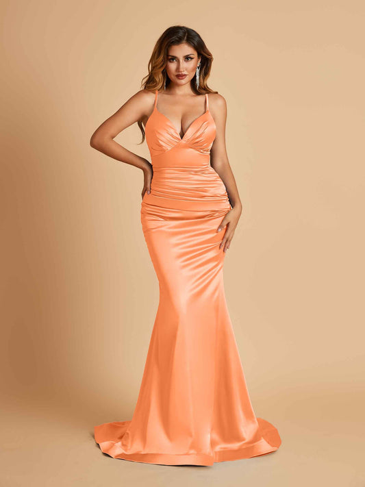 Satin Mermaid V-neck Prom Dresses Spaghetti Straps Floor Length