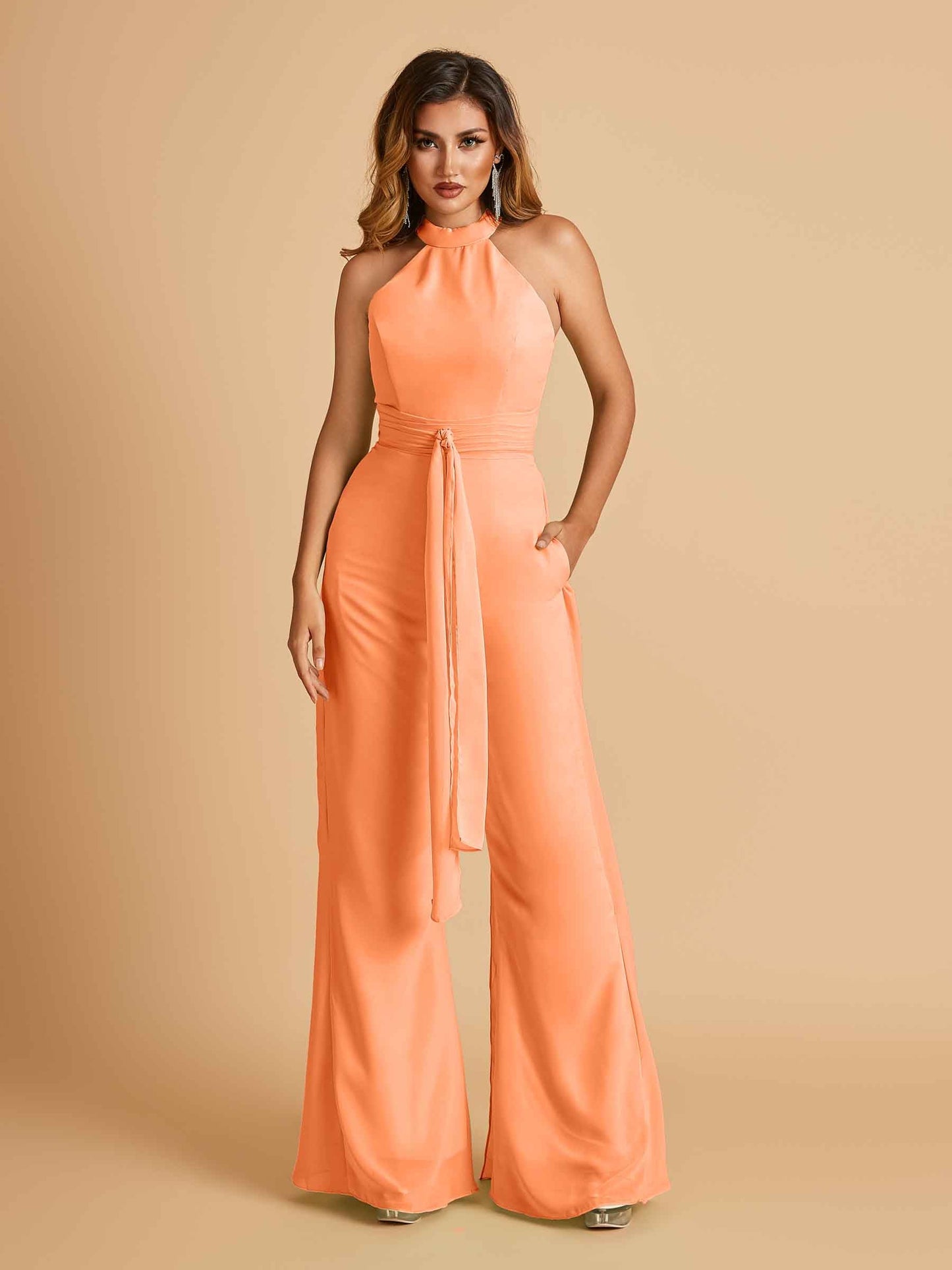 Chiffon Prom Jumpsuit Jewel Neck Sleeveless Floor Length With Pockets