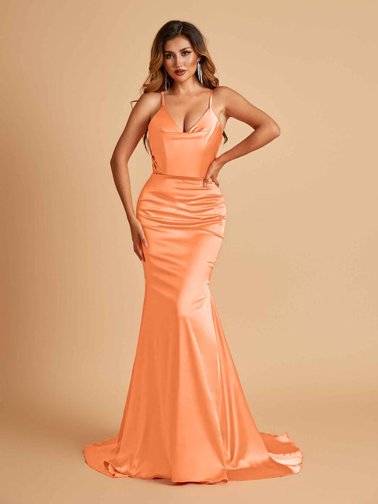 Sexy Satin Mermaid Bridesmaid Dresses Spaghetti Straps V-neck Pleats Floor Length