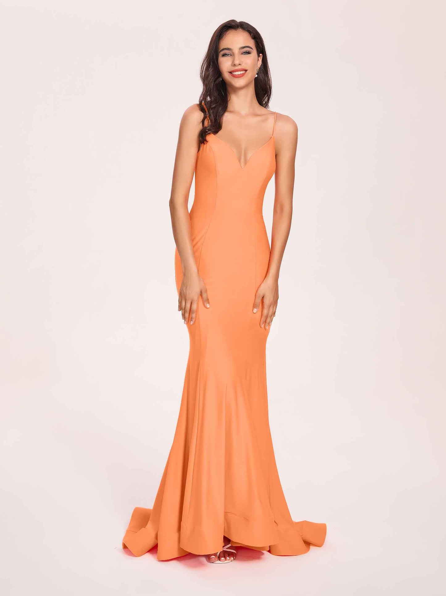 Sexy Satin Mermaid Prom Dresses Spaghetti Straps V-neck Floor Length Lace-up Back