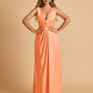 Sexy Satin Deep V-neck Long Bridesmaid Dresses A-line Pleats Sleeveless Floor Length
