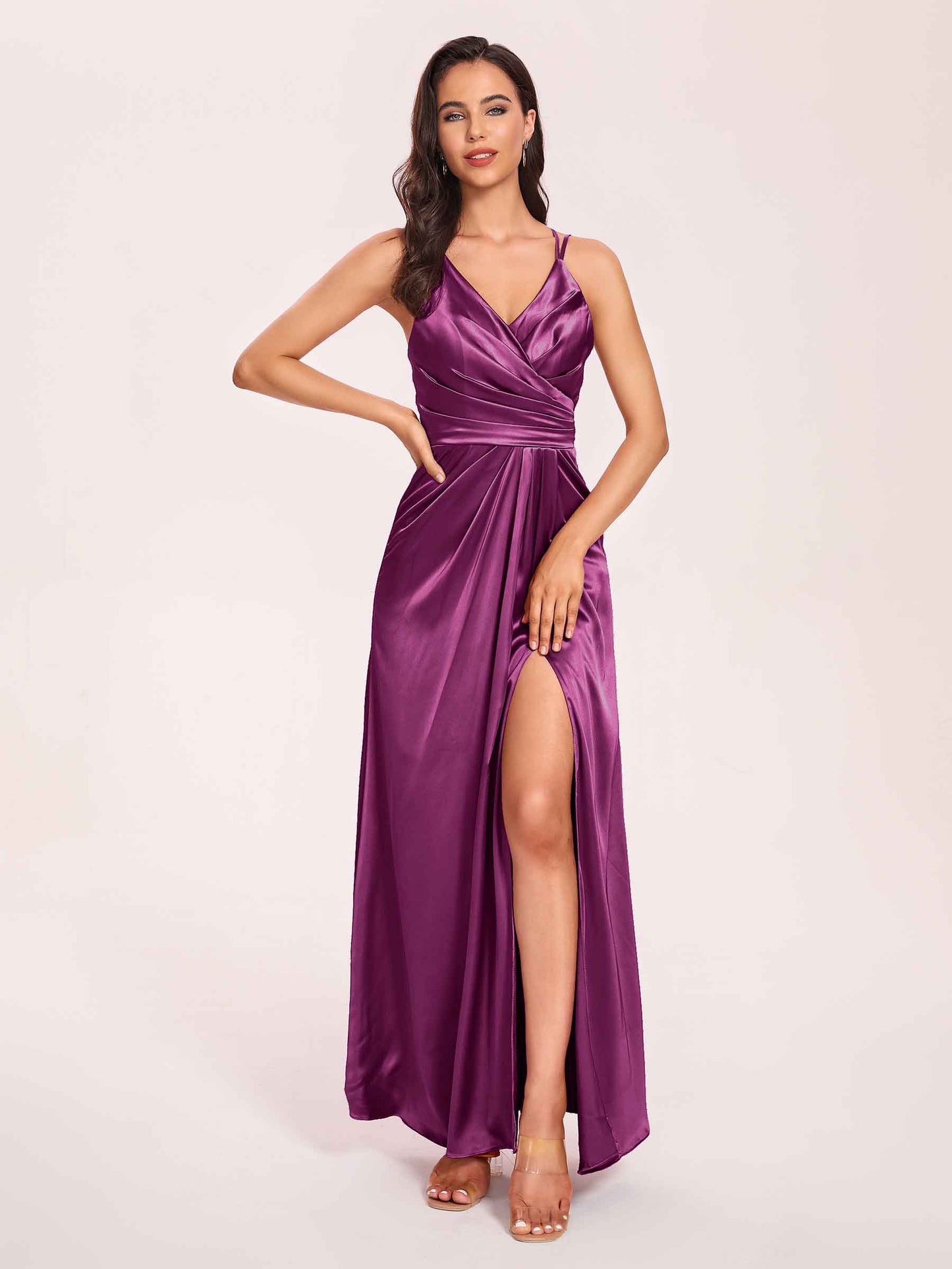 Sexy Satin A-line Bridesmaid Dresses Spaghetti Straps Side Slit V-neck Floor Length