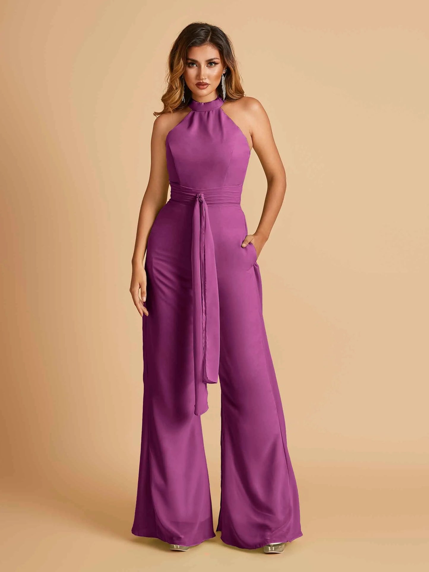 Chiffon Bridesmaid Jumpsuit Jewel Neck Sleeveless Floor Length With Pockets For Sale