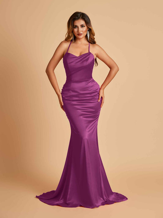 Sexy Satin Mermaid Bridesmaid Dresses Spaghetti Straps Scoop Criss-cross Back