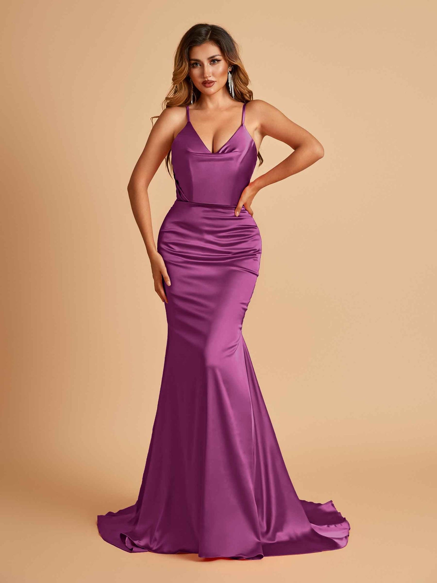 Sexy Satin Mermaid Prom Dresses Spaghetti Straps V-neck Pleats Floor Length