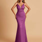 Satin Deep V-neck Mermaid Bridesmaid Dresses Open Back Floor Length