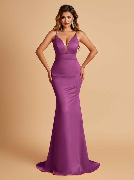 Satin Deep V-neck Mermaid Bridesmaid Dresses Open Back Floor Length