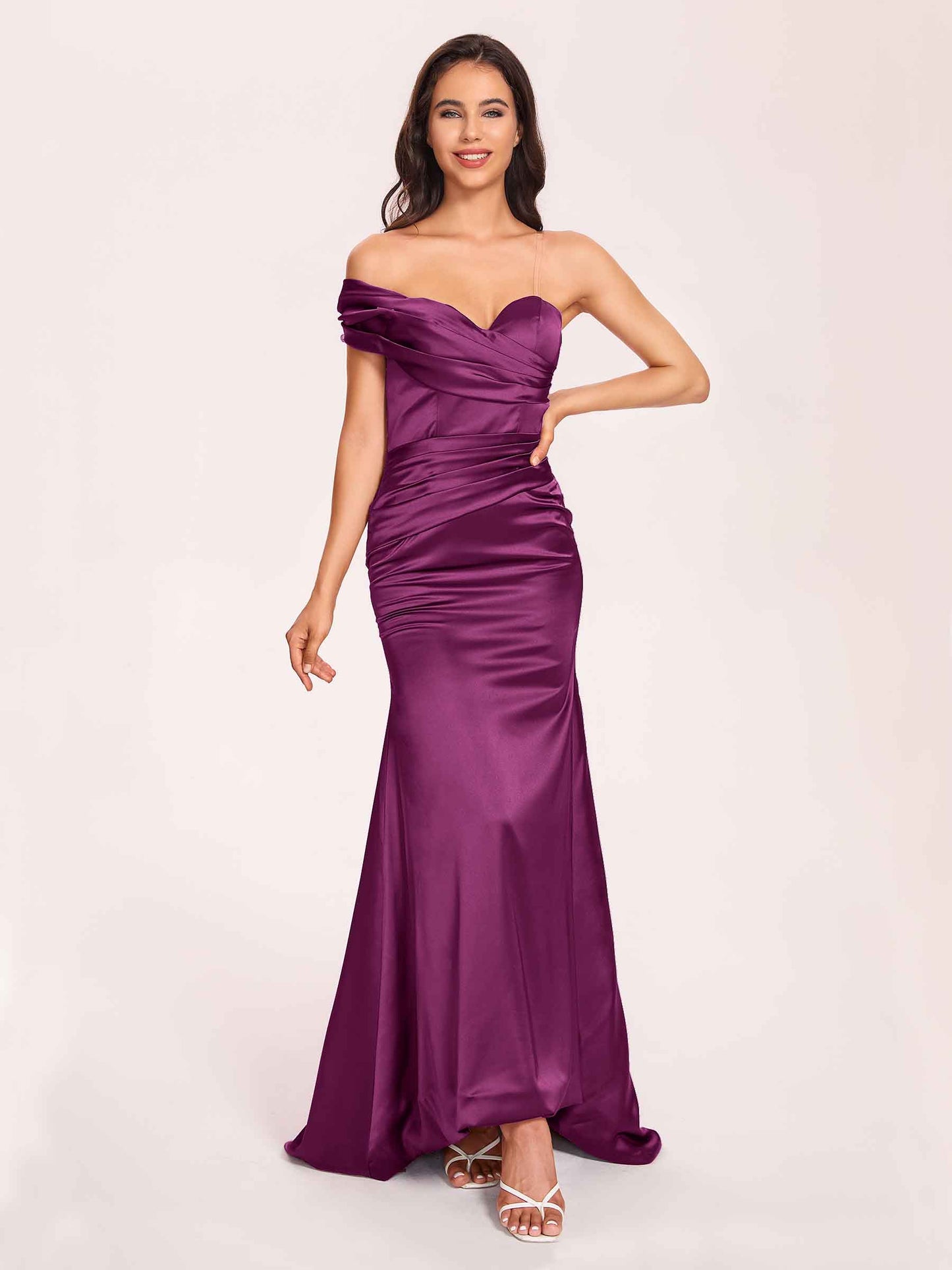 Satin One-shoulder Bridesmaid Dresses Pleats Floor Length Mermaid Long