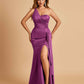 Satin One Shoulder Mermaid Bridesmaid Dresses Side Slit Floor Length