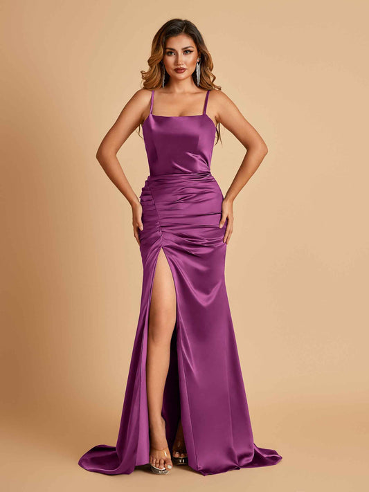 Sexy Satin Spaghetti Straps Bridesmaid Dresses Open Back Mermaid Floor Length Unique