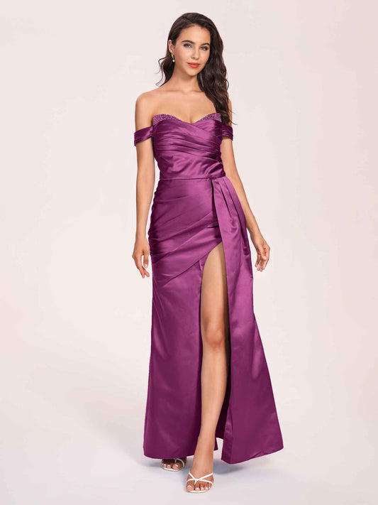 Elegant Satin Off Shoulder Bridesmaid Dresses Side-slit Sweetheart Floor Length Sheath