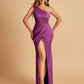 Satin One-shoulder Prom Dresses Sheath Side Slit Sleeveless Floor Length
