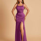 Satin Mermaid Long Bridesmaid Dresses Spaghetti Straps Scoop Side Slit Criss-cross Back
