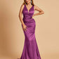Sexy Satin Criss-cross Back Bridesmaid Dresses Mermaid Deep V-neck Back Pleats Floor Length