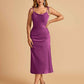 Sexy Satin Midi Prom Dresses Spaghetti Straps Slip Scoop Side Slit