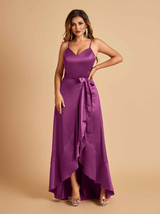 Satin Asymmetric V-neck Bridesmaid Dresses Sleeveless Side Slit A-line Unique