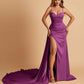 Sexy Satin Sheath Bridesmaid Dresses Spaghetti Straps Sweetheart Side Slit With Train