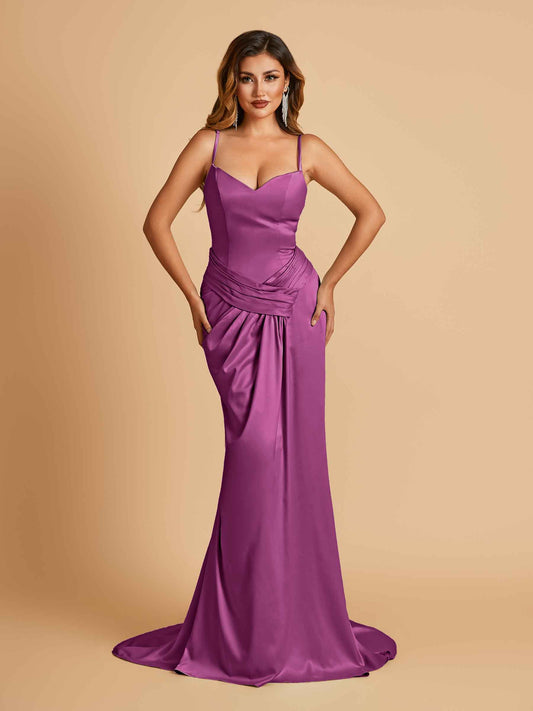 Satin Mermaid Sweetheart Bridesmaid Dresses Spaghetti Straps With Pleats Floor Length