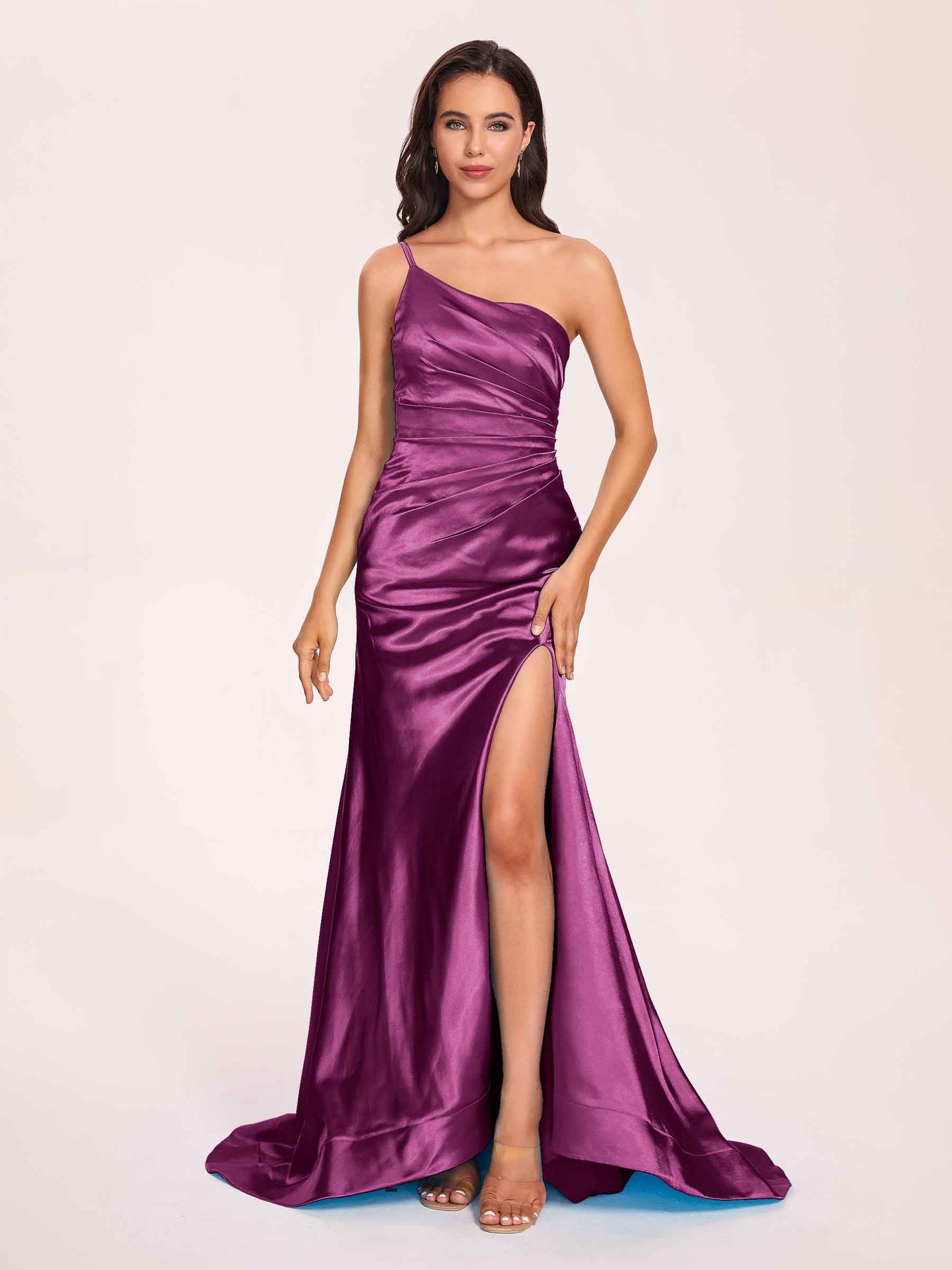 Satin One-shoulder Mermaid Prom Dresses Side Slit Pleats Floor Length