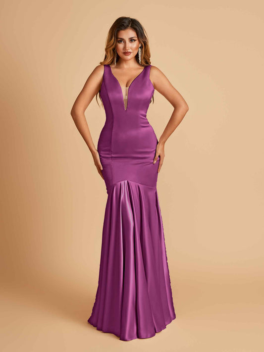 Satin Deep V-neck Mermaid Bridesmaid Dresses Half Open Back Floor Length