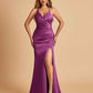 Sexy Satin Mermaid Long Prom Dresses Spaghetti Straps Sweetheart Side Slit Criss-cross Back