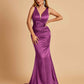 Sexy Satin Criss-cross Back Prom Dresses Mermaid Deep V-neck Back Pleats Floor Length