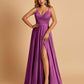 Satin A-line Long Prom Dresses Spaghetti Straps V-neck Side Slit Floor Length