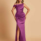 Unique Satin One Shoulder Prom Dresses Side Slit Half Open Back Floor Length