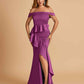 Satin Mermaid Off Shoulder Bridesmaid Dresses With Ruffles Side Slit Floor Length