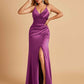 Sexy Satin Sheath Bridesmaid Dresses Spaghetti Straps V-neck Side Slit Pleats Floor Length For Sale