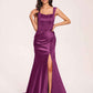 Sexy Satin Square Mermaid Prom Dresses Pleats Side-Slit Floor-Length Sleeveless
