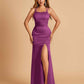 Satin Mermaid Long Prom Dresses Spaghetti Straps Scoop Side Slit Criss-cross Back