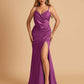 Sexy Satin Sheath Prom Dresses Spaghetti Straps V-neck Side Slit Floor Length
